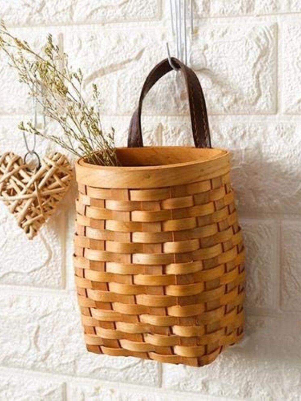 hanging wicker basket Hand-Woven Wood Storage Basket Portable Wall Hanging Flowe - Picture 6 of 6